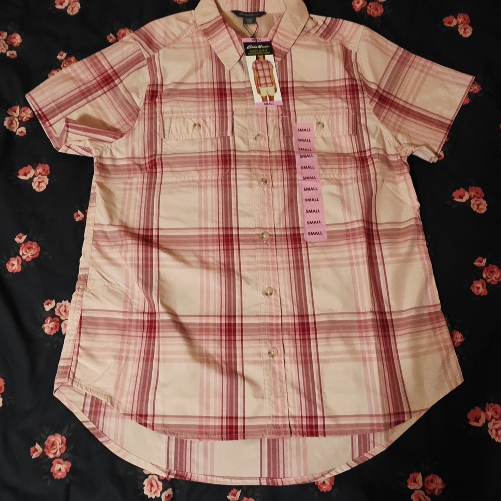 Eddie Bauer Beige and Red Plaid Button Down Shirt